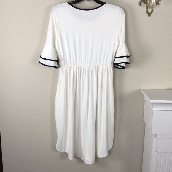 White Midi Dress with Pockets Contrast Black Trim Layered Ruffle Sleeves - Picture 5 of 7